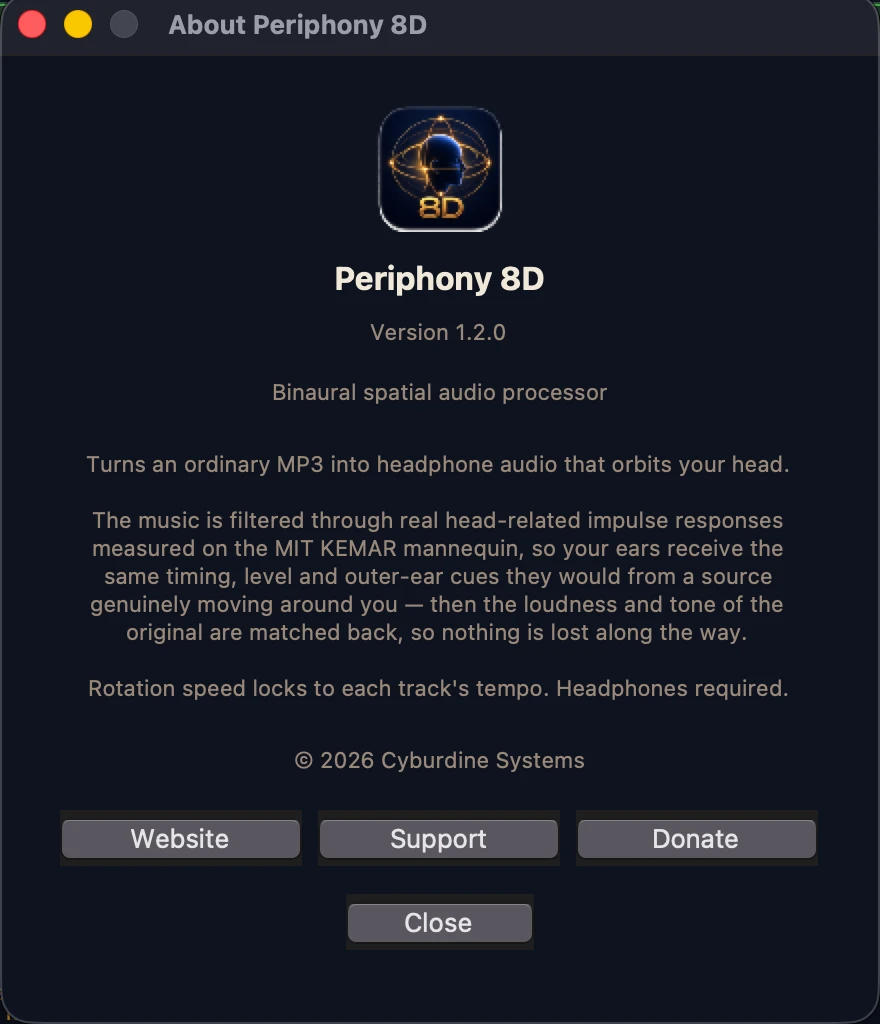 The About panel showing the app icon, version and description.