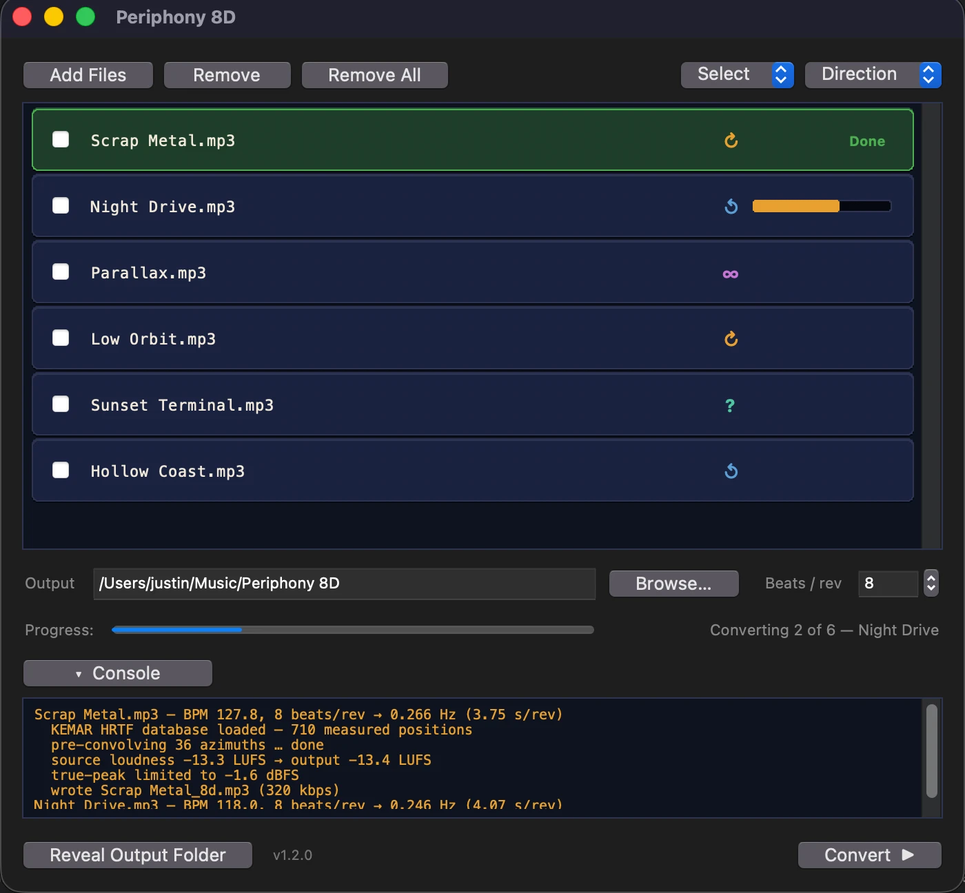 The main window with six tracks queued, each showing a direction glyph, and the console open below.