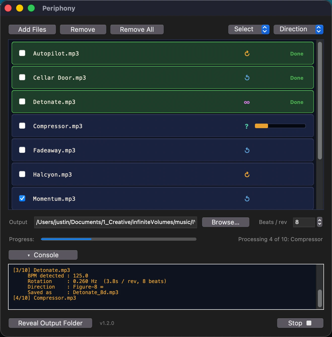 The main window four tracks into a ten-track batch: each file tagged with a direction glyph, the first three marked Done, the fourth mid-progress, and the console open below.